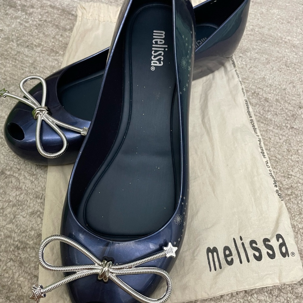 Melissa Women's Dark Blue /Navy Flats with Silver Bow